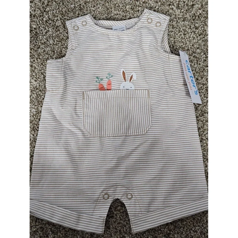 Carter's Striped Bunny & Carrot Pocket Romper - Beige/White NWT